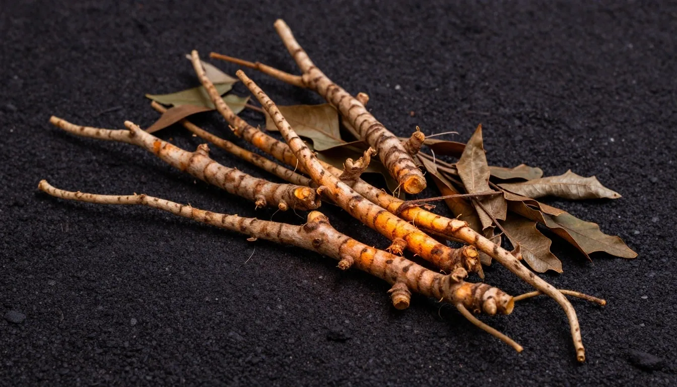 Raw botanicals in warm raking light on a dark matte surface