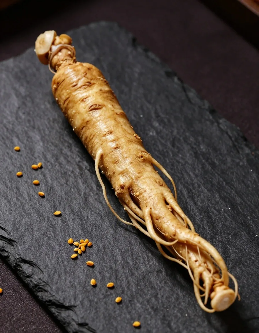 Raw ginseng root and fenugreek seeds in warm light on a dark surface