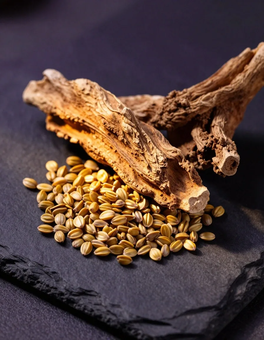 Fenugreek seeds and ashwagandha root on dark stone