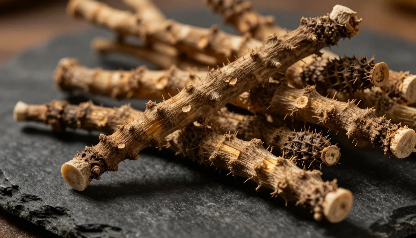 Raw botanical roots on a dark matte surface under warm raking light