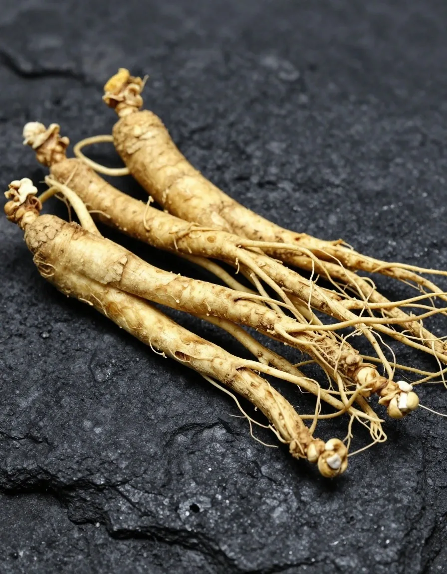 Dried ginseng roots on dark matte stone surface