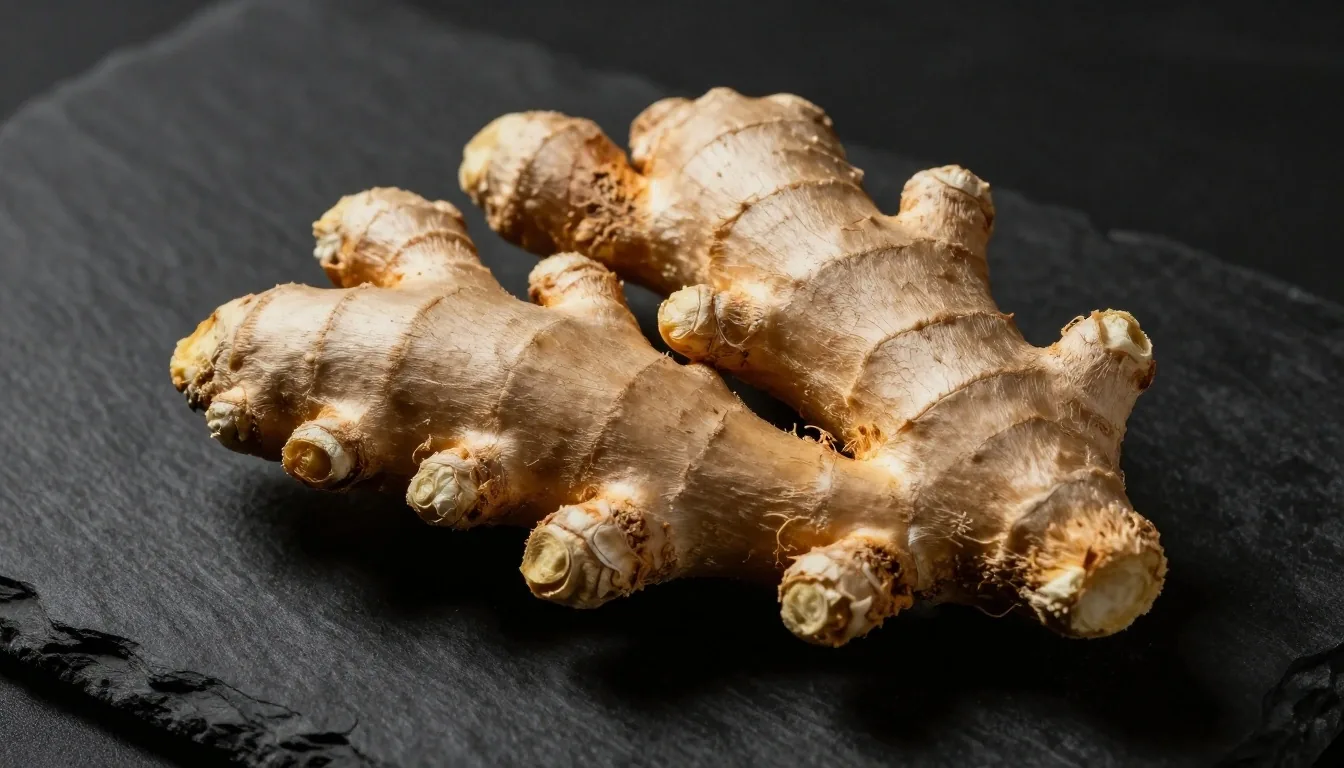 Raw turmeric roots on dark matte surface under warm raking light