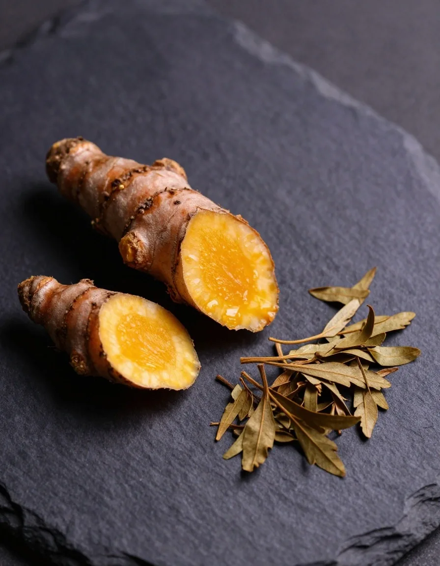 Dried turmeric and moringa leaves on a dark workbench