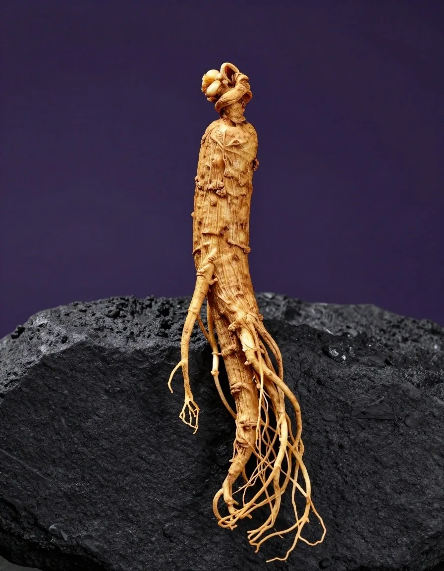 Dried ginseng root in warm raking light against dark ground