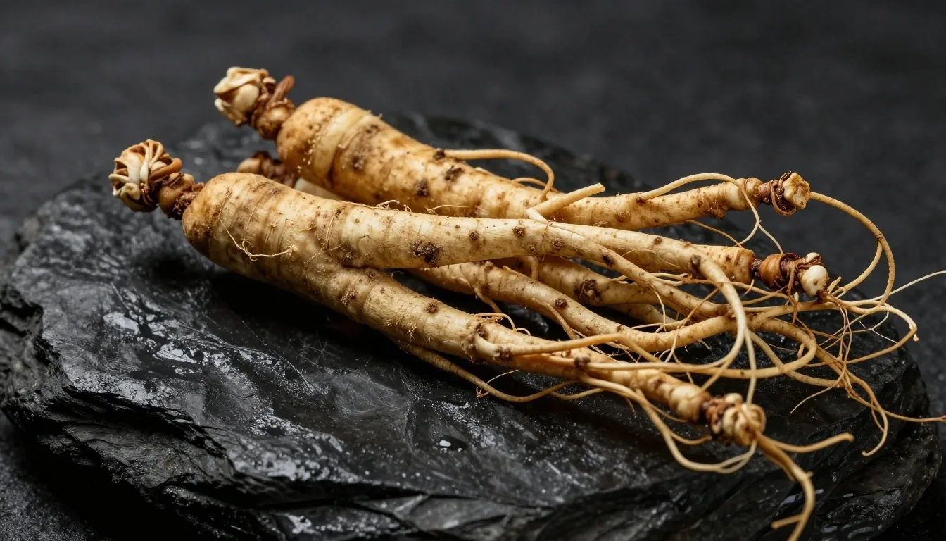 Raw ginseng and ashwagandha roots on dark stone under warm light