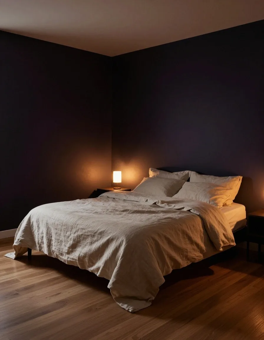 Dark minimalist bedroom at night